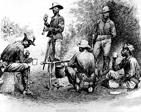 soldiers around campfire