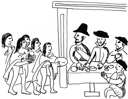 sketch of Natives bringing food to Spanish