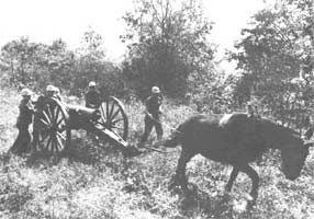 Photograph 7. Moving cannon into place on Little Kennesaw Mountain, 1968 