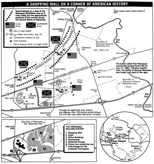 map of
approximate positions of Union and Confederate forces and proposed 
William Center development