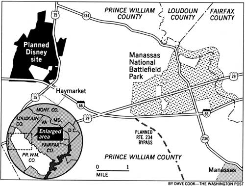 map of
proposed Disney America historical theme park