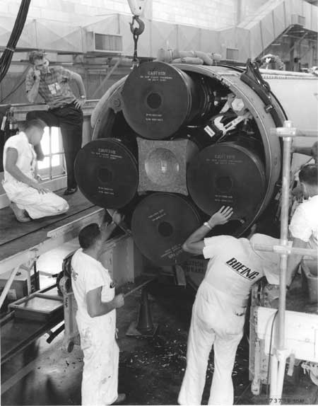 Boeing crew assembles a first-stage Minuteman engine
