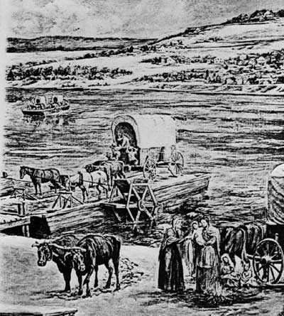 wagons crossing river on barge