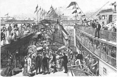 drawing of people at steamboat landing