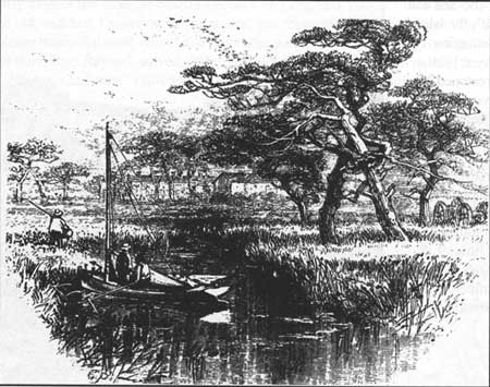 drawing of boat on pond
