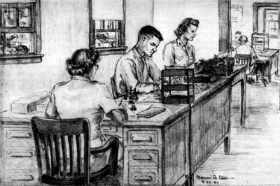 sketch of women Marines working in office