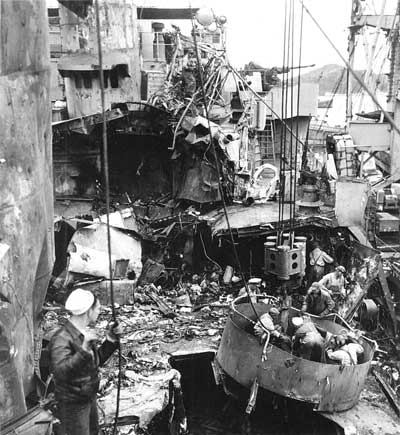U.S. ship badly damaged by a kamikaze hit