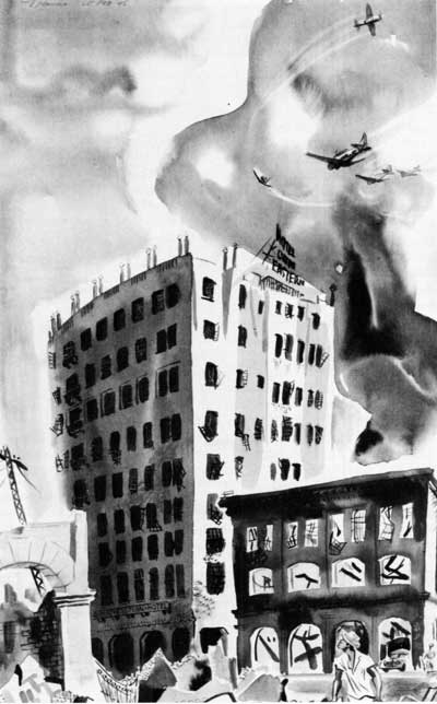 sketch of planes over Great Eastern Hotel