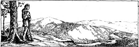 sketch of pioneer overlooking mountains