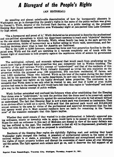 Record-Eagle Editorial Against Proposed Lakeshore, 1961.