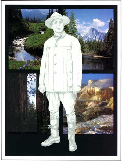 Image of a National Park Ranger before 1920 behind the four section of different natures in the background