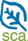 Drawn outline of leaf in blue, with green letters SCA below