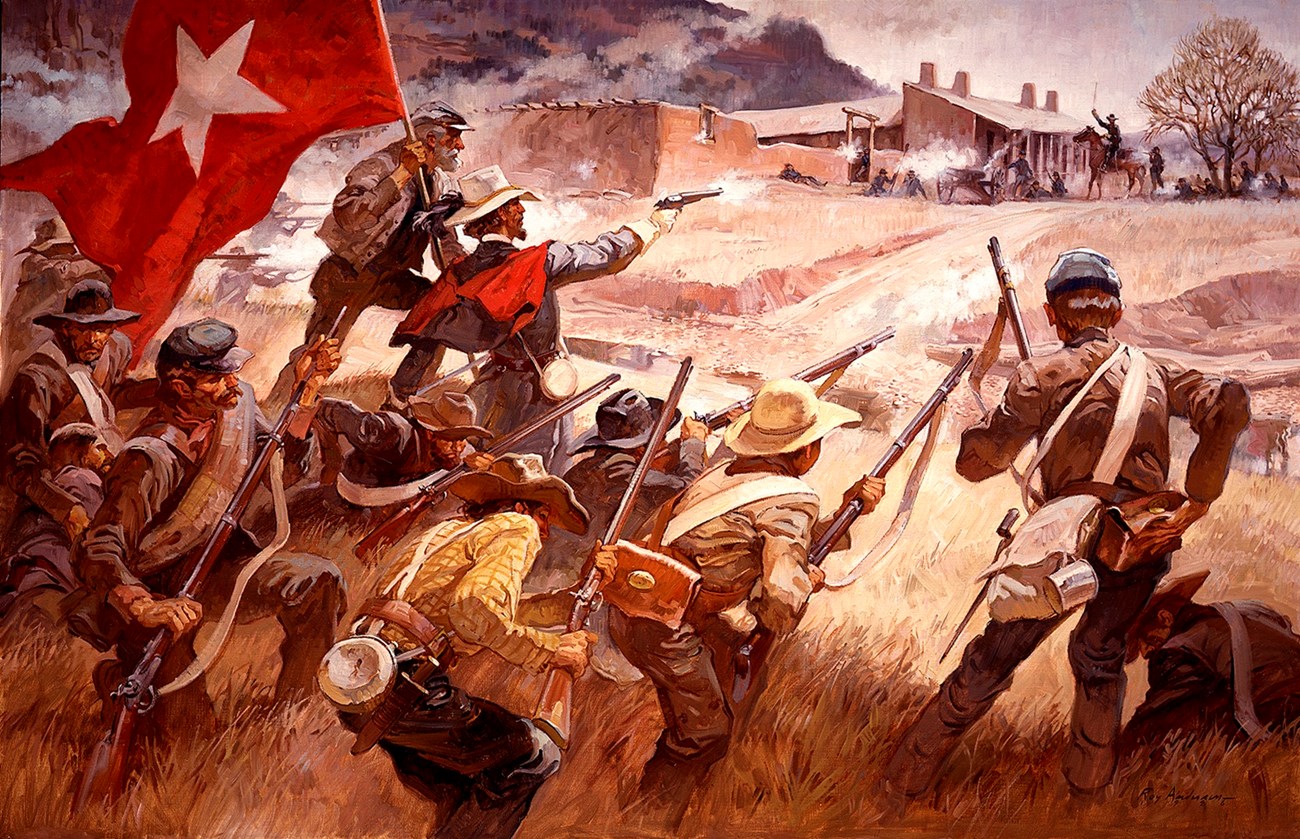 Painting of soldiers fighting in front of an adobe building.