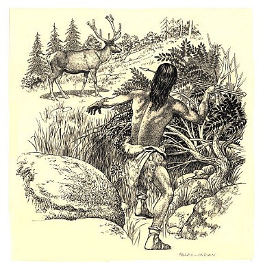 A person throwing a spear at an animal in the distance.