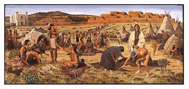 A painting of a group of people gathered in front of the Pecos Pueblo