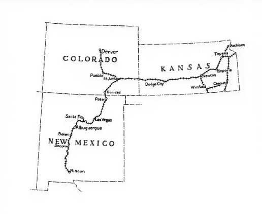 A map of Kansas, Colorado, and New Mexico showing a line representing railroads going through the states.