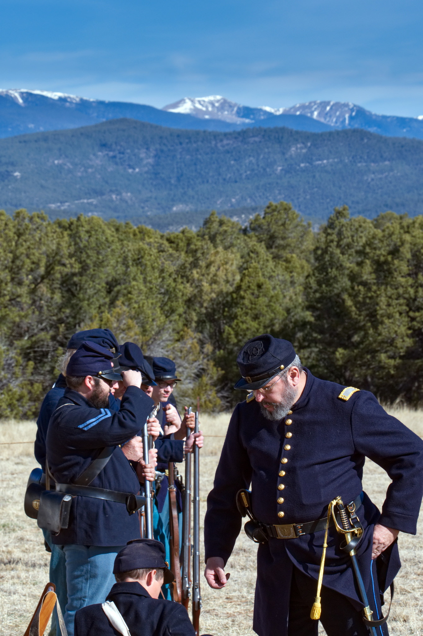 Images from the 2018 Civil War encampment A group of Union reenactors with mountains in the background.