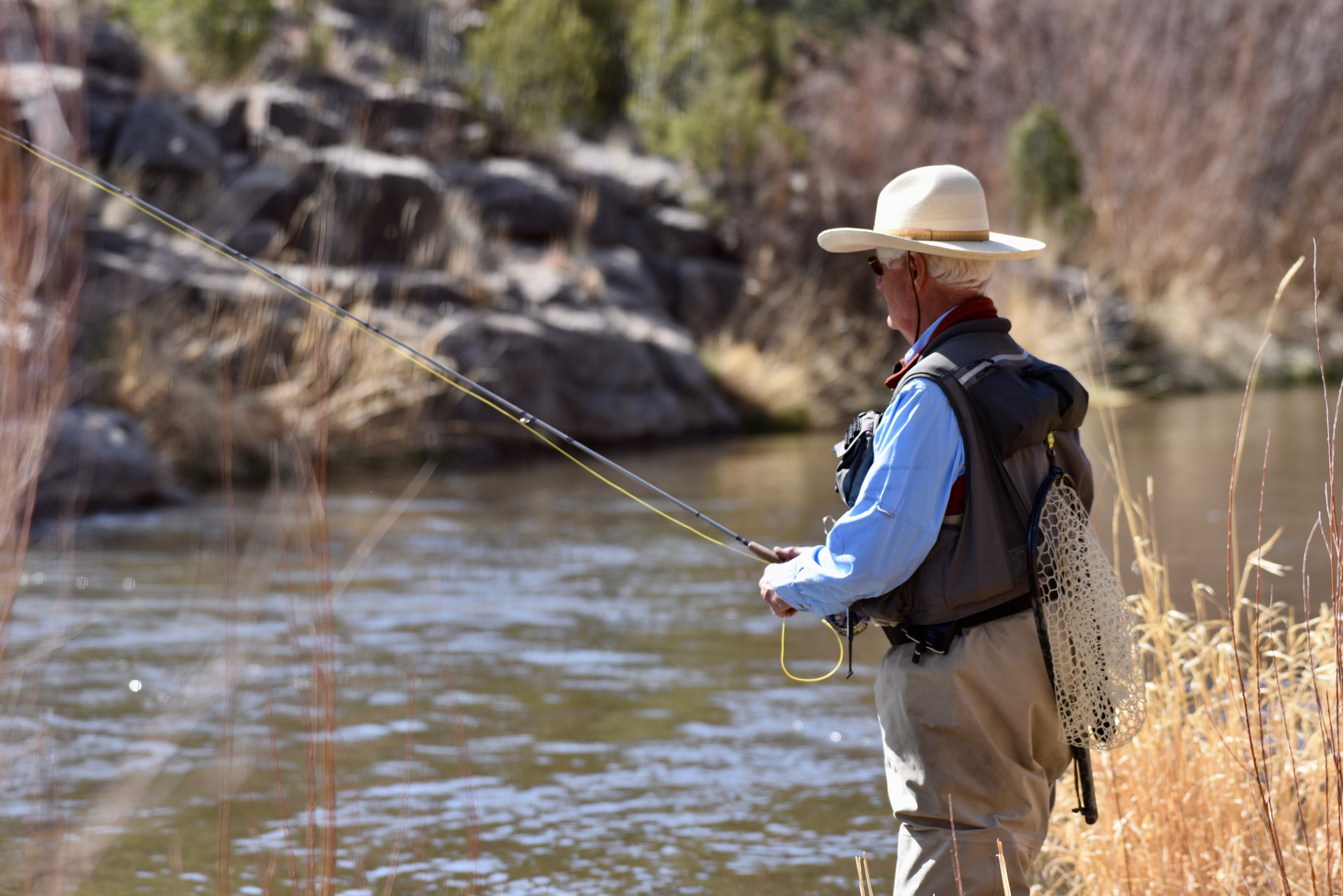 Angler, Fishing, River, Rocks, Grass