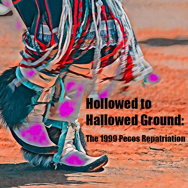 The teal and white boot of a pueblo traditional dance on the reddish ground.