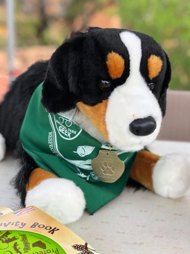 A stuffed animal dog with a bandanna and dog tag around its neck.