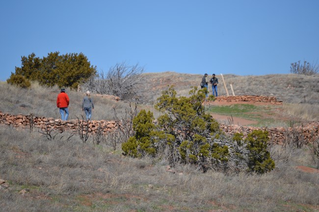 People walking along a trail with grass in the foreground.