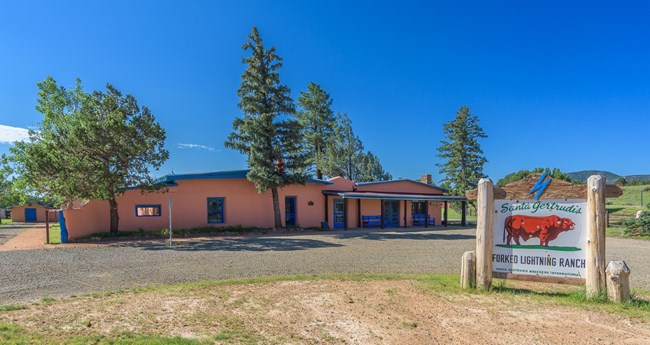 A pink building with tall pine trees under a blue sky.