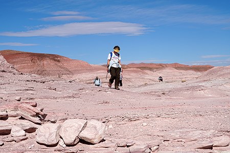 Wilderness hikers in pale and red badlands