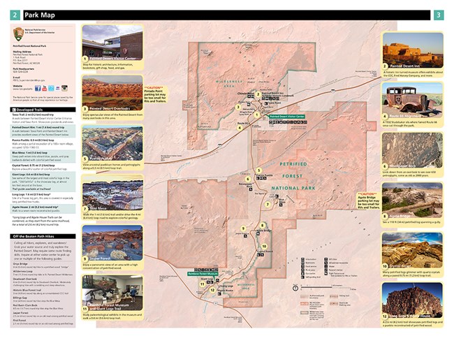 Pages 2 and 3 of the Trip Planner for Petrified Forest. Contains a park boundary map, park information, and trail information