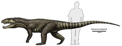 drawing of archosaur standing chest high on human