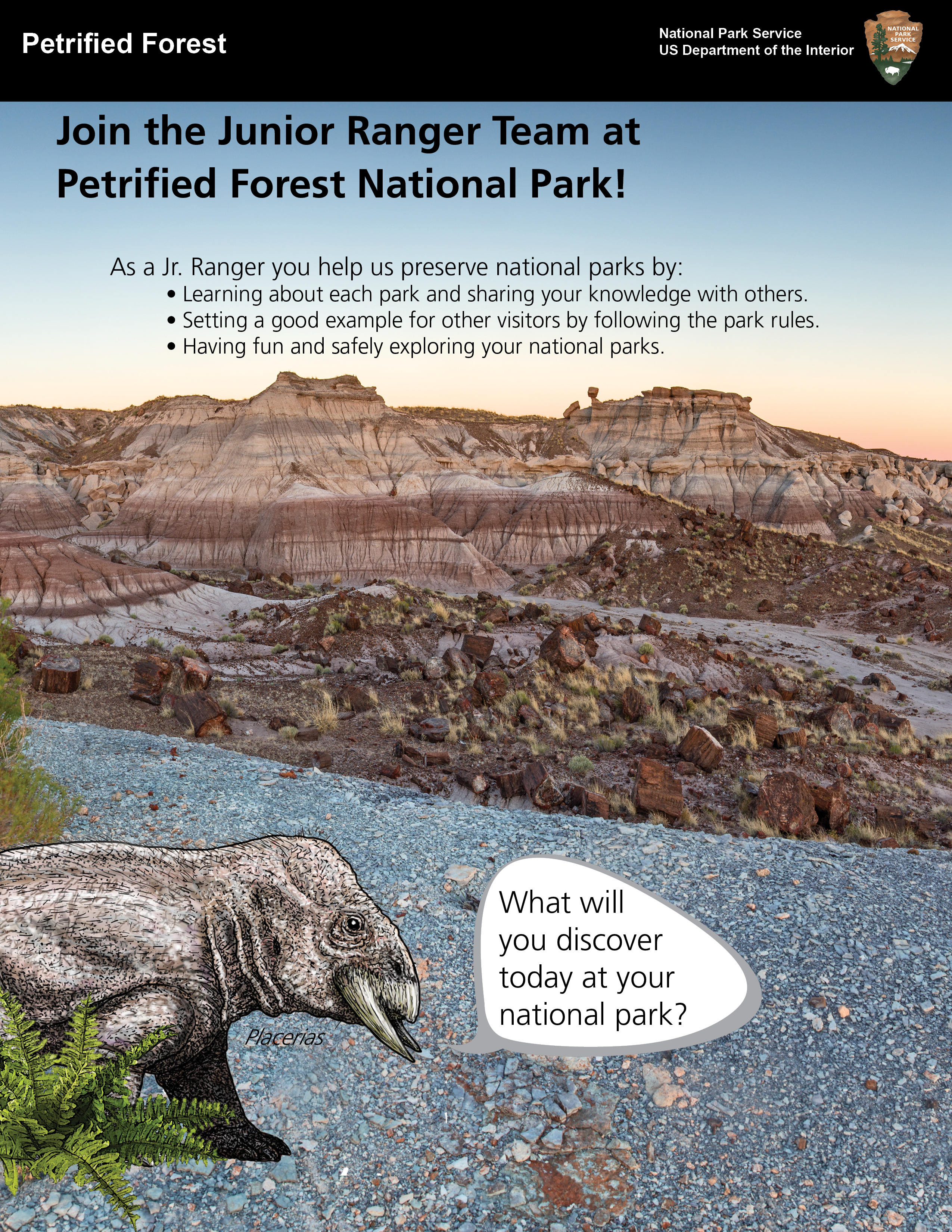 Jr Ranger Book 2022 Front Cover: Placerias in a twilight landscape with buttes, badlands and text.