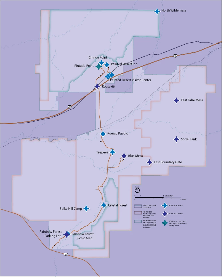 Map of Sky Quality Measurement Survey Sites A map of Petrified Forest that contains every Sky Quality Survey sites. 2016 sites are labeled with blue stars, 2017 sites are labeled with purple stars.