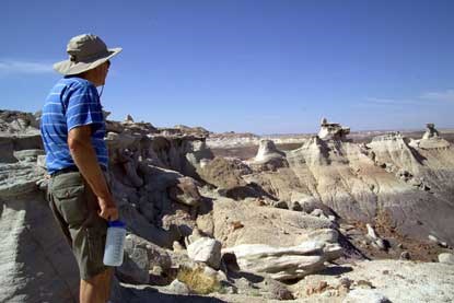 artist looks across erosional landscape