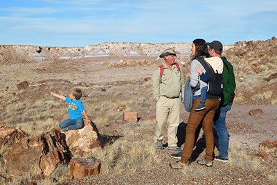 Visitors take a guided hike into Jasper Forest, a child sits on petrified wood and points.