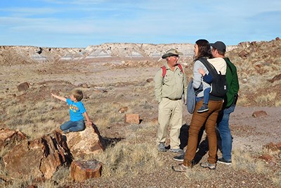 Visitors take a guided hike into Jasper Forest, a child sits on petrified wood and points.