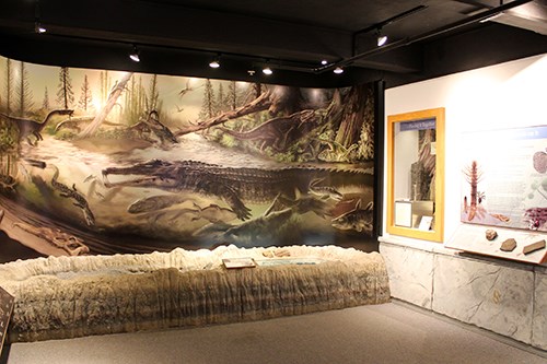 Late Triassic mural in Rainbow Forest Museum's Blue Mesa Room, dark ceiling, brown carpeting, exhibit case on right, faux rock under mural.