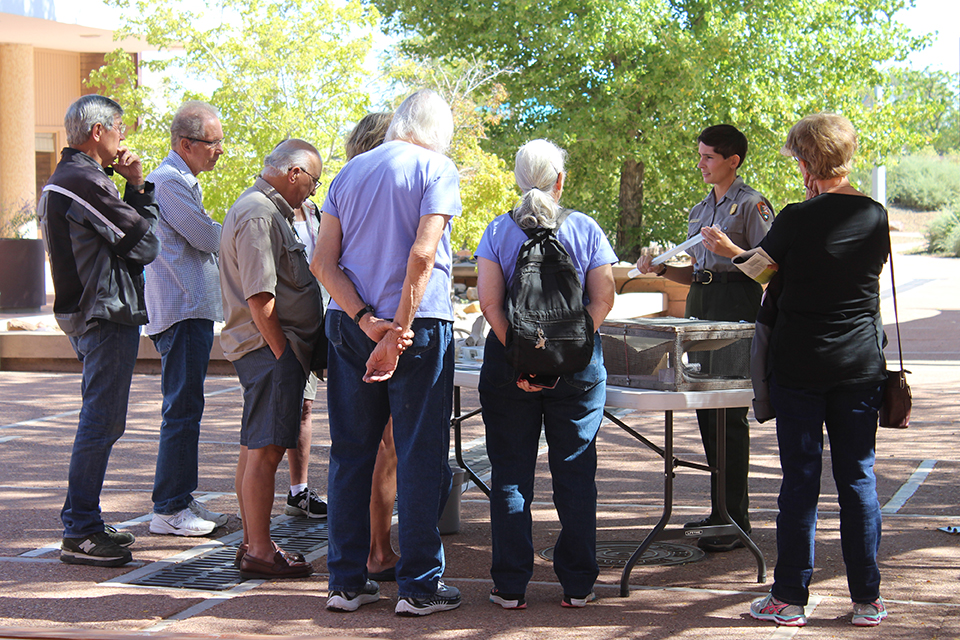 Ranger Katie giving a Living Park Program to a group of people in the tree-shaded plaza Ranger Katie giving a Living Park Program to a group of people in the tree-shaded plaza