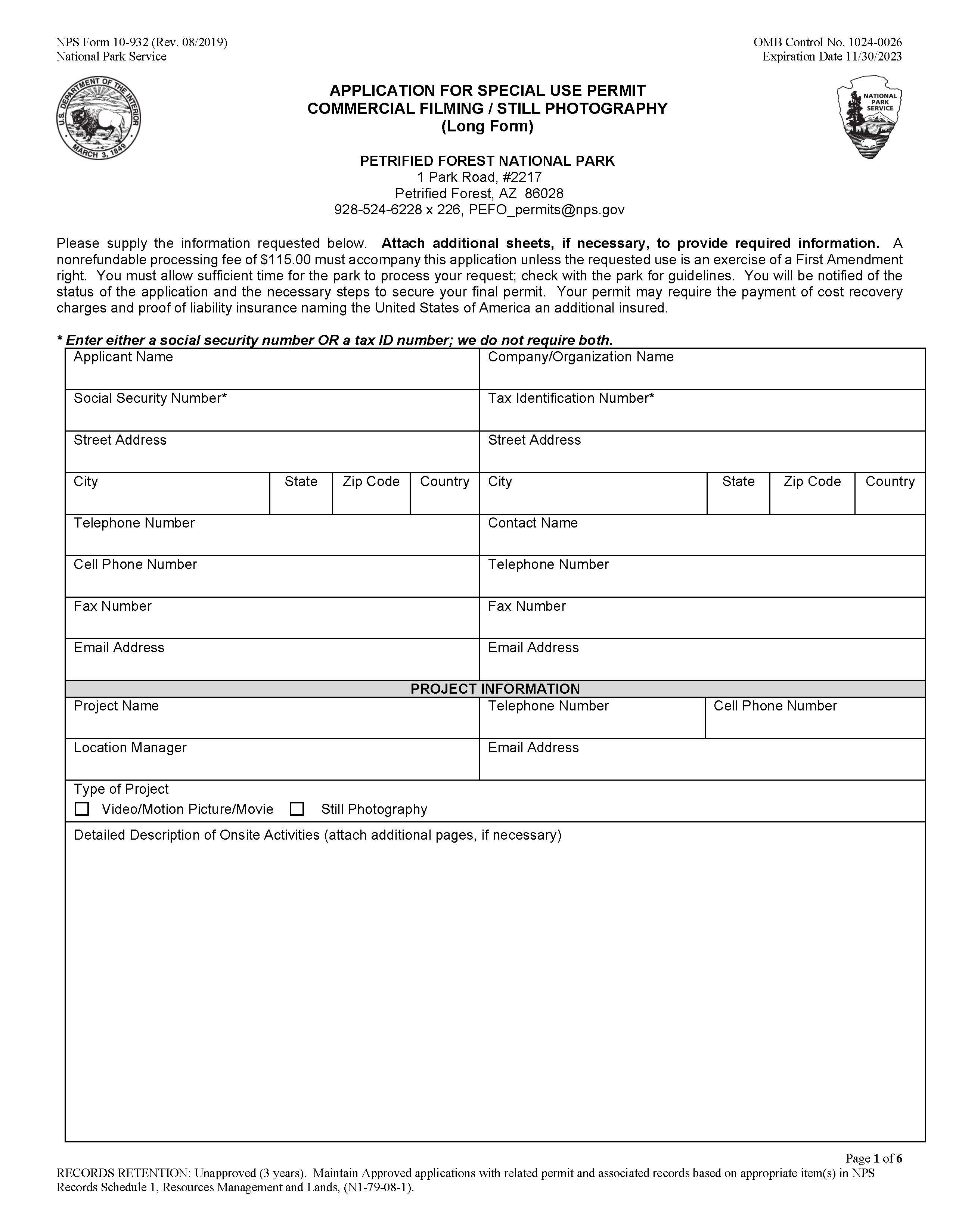 Filming and Photography permit for PEFO page 1