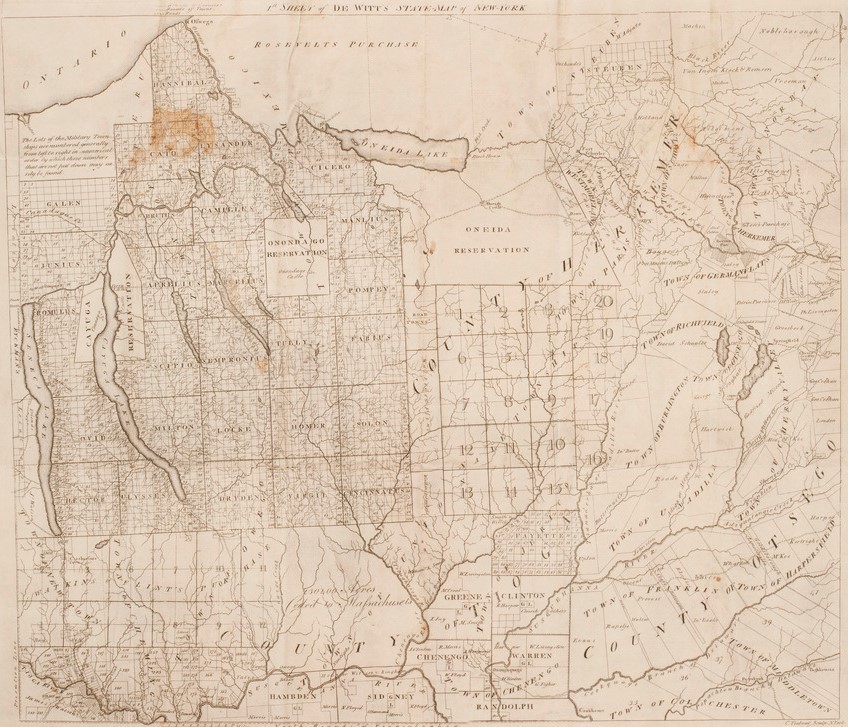 An old line drawing map of western New York. There are dozens of areas divided into even smaller ones. Lines and boxes inside of even more lines and boxes. 