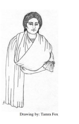 Drawing of Feliciana Arballo carrying her infant daughter in a rebozo.