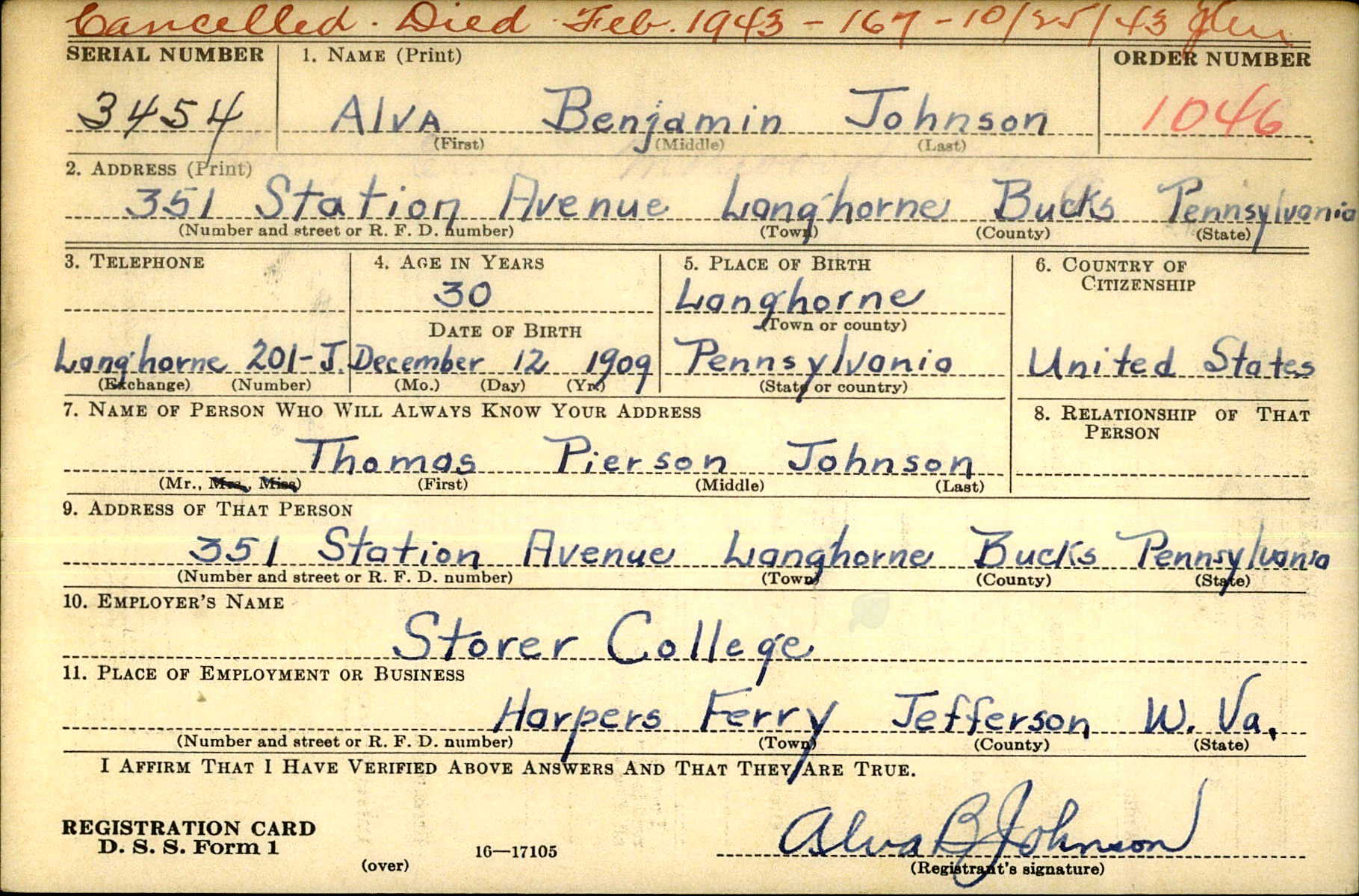alva johnson draft card with death notice 