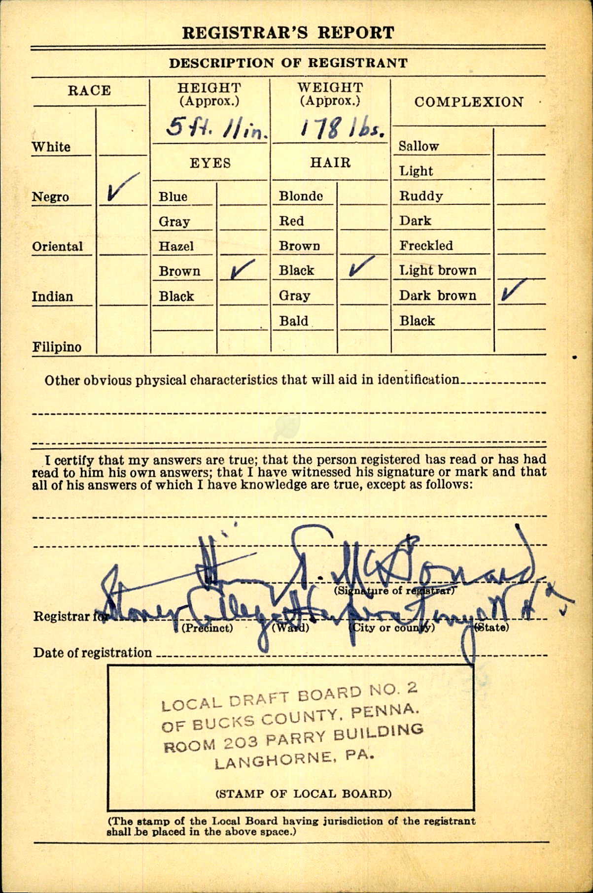 Alva Johnson's Draft Card Registrars Report 