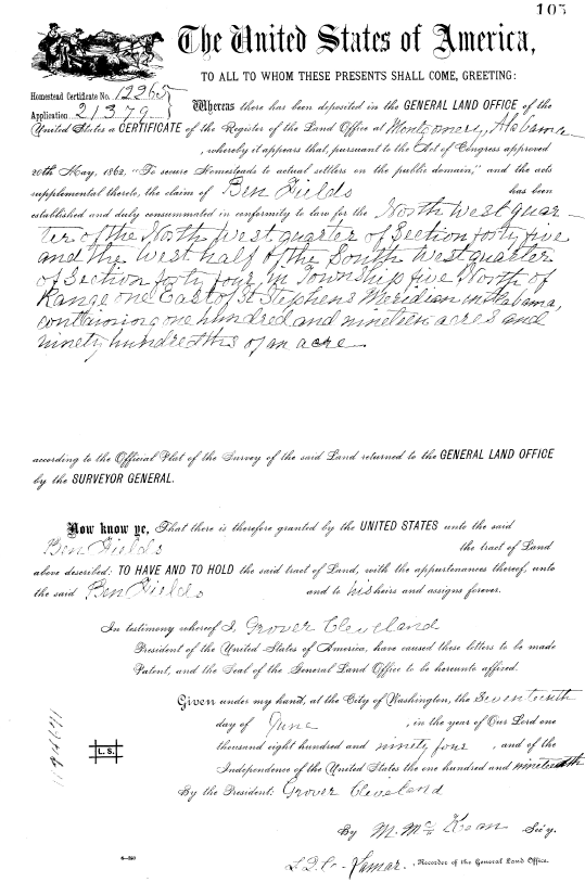 Image of Benjamin Franklin Fields Sr.'s homestead patent. Text includes the legal land description and date that the patent was granted.
