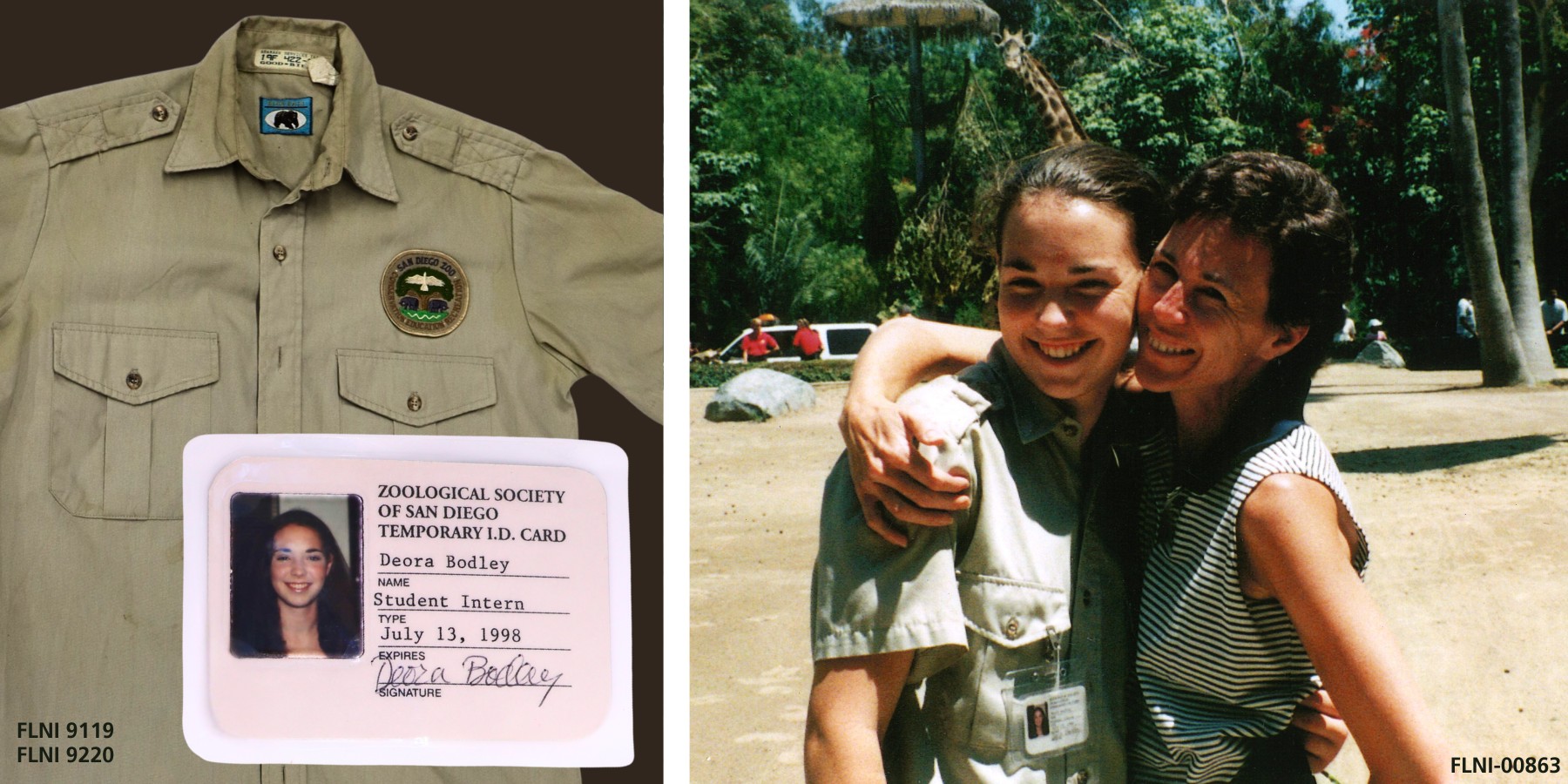 A photo of a tan uniform shirt and a photo of a badge. Right image shows Deora and mother smiling with a giraffe in the background.