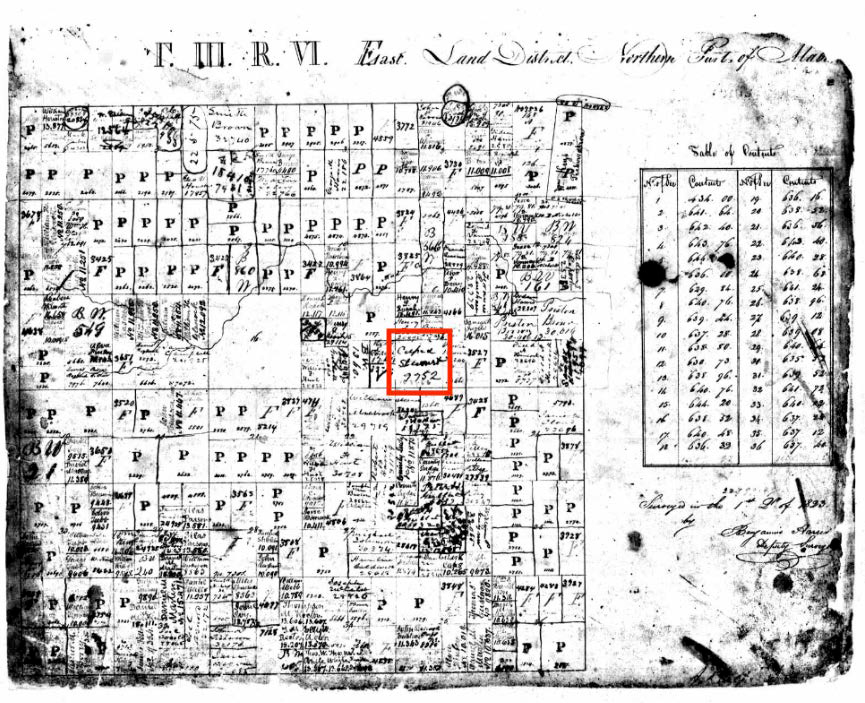 Map of 6 mile by 6 mile township divided into boxes of ownership Steward homestead is red box