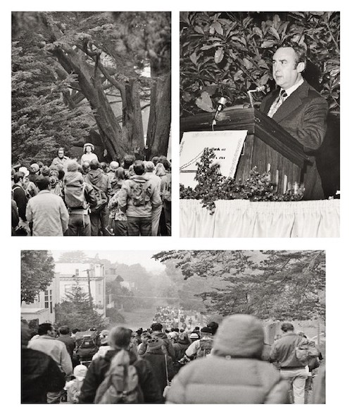 Top left: Amy Meyer welcoming hikers to the Presidio, 1971. Top right: Congressman Phillip Burton at a PFGGNRA luncheon, 1972. Bottom: Sierra Club hike at the Presidio, 1971. Park Archives, GOGA 35304