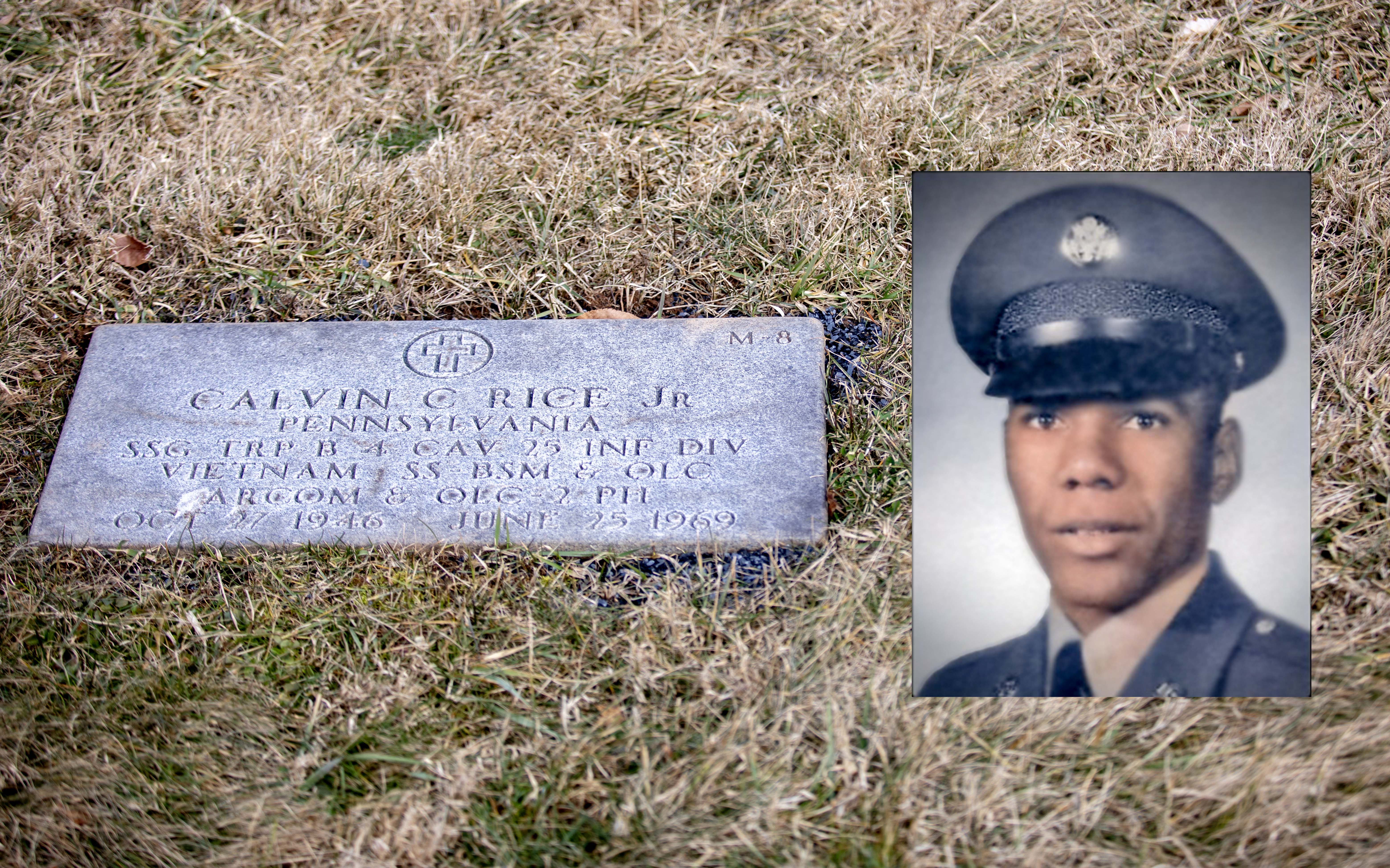 The gravestone and military photo for Calvin C. Rice, Jr.