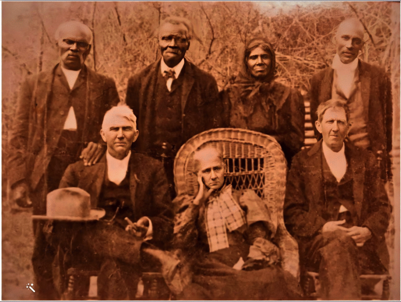 Old sepia toned photo of 7 people, 4 black people stand and three white people sit in front