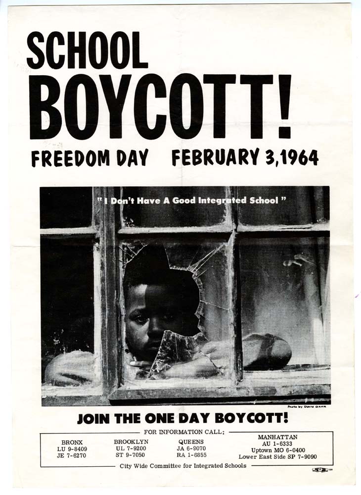 A Black child looks out of a glass window with a hole in it under the words School Boycott.
