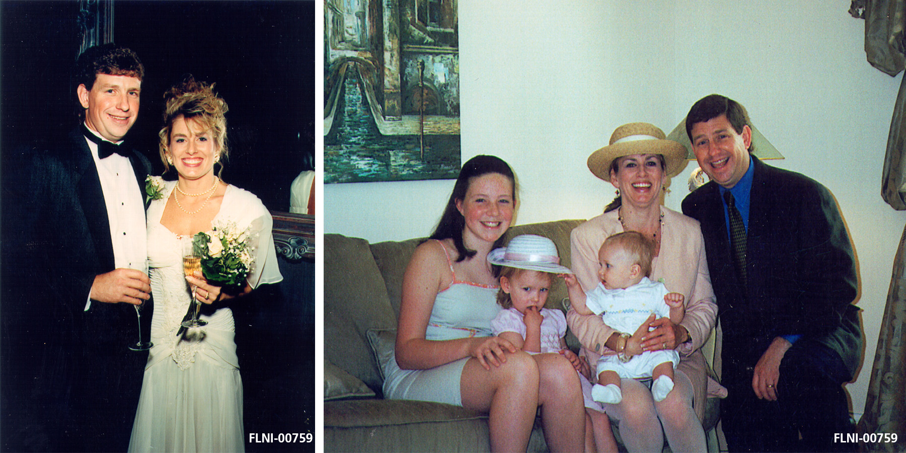 Left image shows man and woman on their wedding day. Right image shows Sandy smiling with her 3 children and husband.