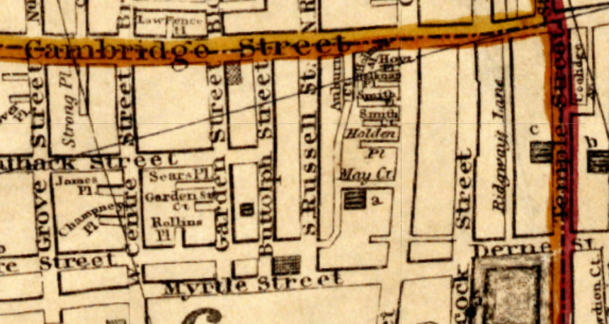 A historic map of Beacon Hill of Boston, with Smith Court. 